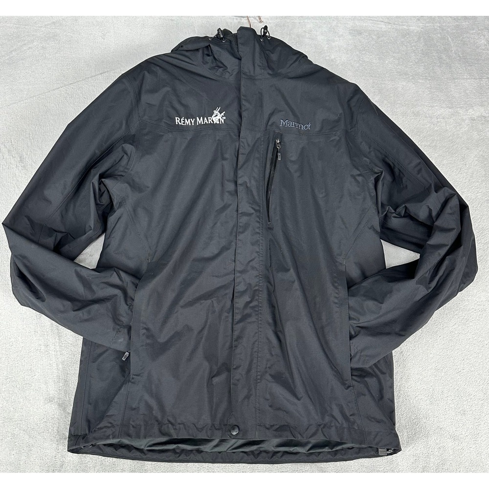 Marmot Rain Jacket Mens XL Black Remy Martin Logo Minimalist Hooded Fleece Lined